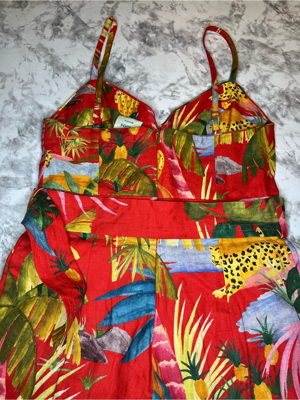 FARM Rio Red Tropical-Print Spaghetti-Strap Jumpsuit with Belt - Picture 5 of 8